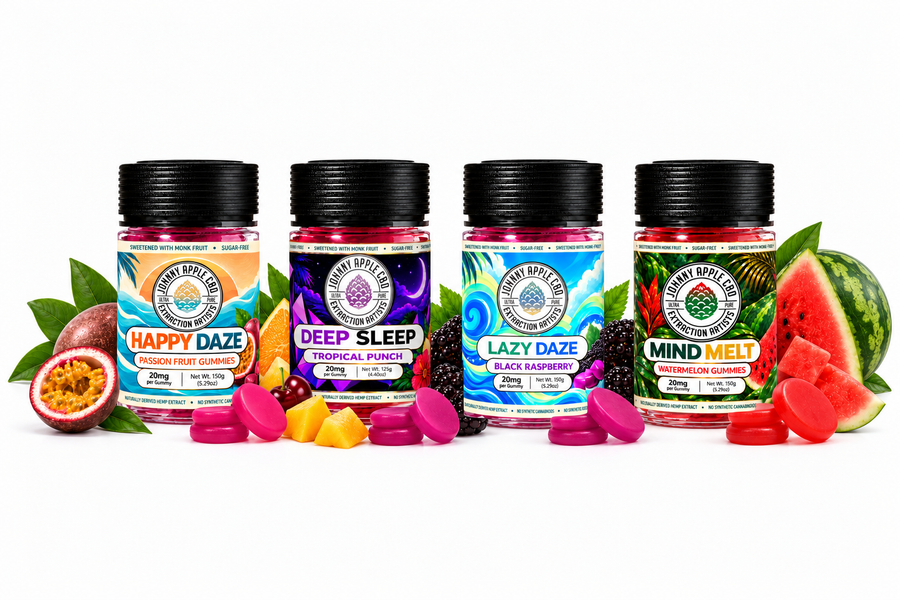 Johnny Apple sugar-free THC gummy jars: Happy Daze, Deep Sleep, Lazy Daze and Mind Melt with fresh fruit