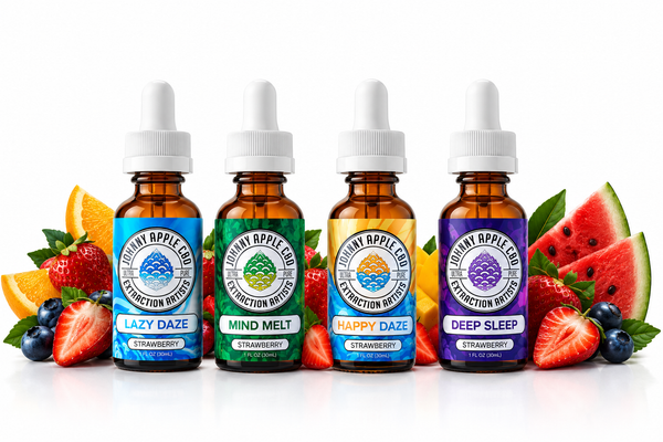 Four Johnny Apple CBD THC tinctures: Lazy Daze, Mind Melt, Happy Daze and Deep Sleep