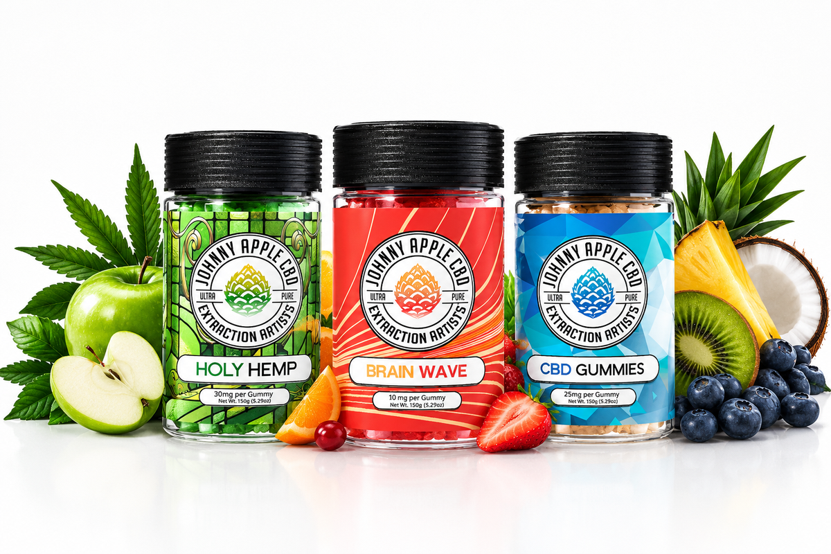 Johnny Apple CBD THC-free gummy jars: Holy Hemp, Brain Wave and CBD Gummies with fruit
