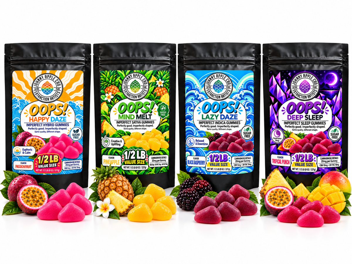 Four Oops! imperfect gummies pouches in Happy Daze, Mind Melt, Lazy Daze and Deep Sleep, with fruit and gummies