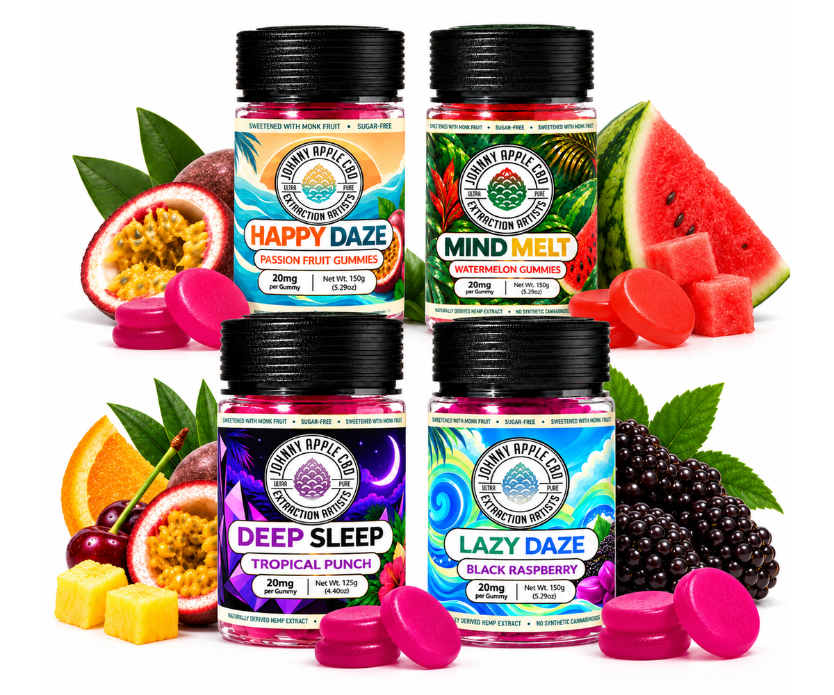 Johnny Apple sugar-free THC gummy jars: Happy Daze Passion Fruit, Mind Melt Watermelon, Deep Sleep Tropical Punch and Lazy Daze Black Raspberry