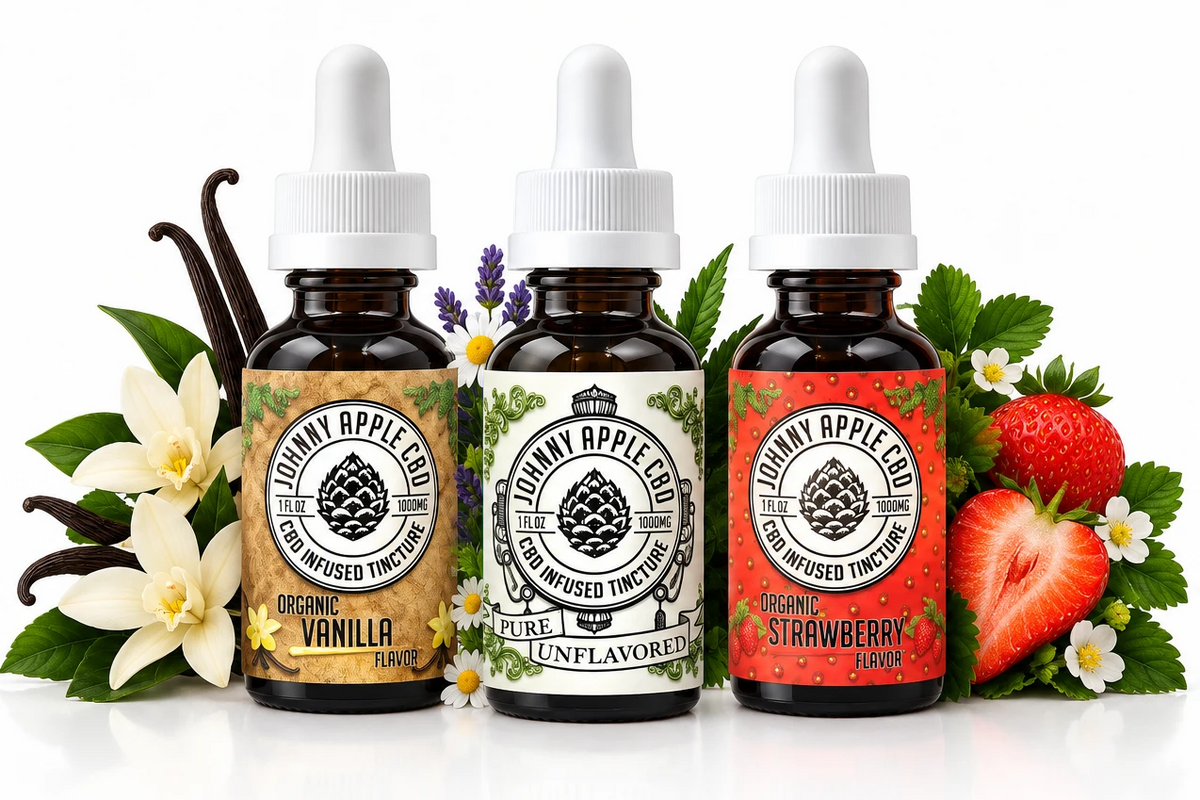 Johnny Apple CBD tinctures: vanilla, unflavored and strawberry bottles with flowers, herbs and fruit