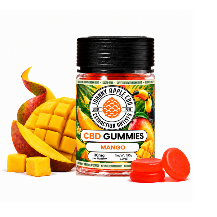 Johnny Apple CBD Gummies Mango jar with cut mango and orange gummies