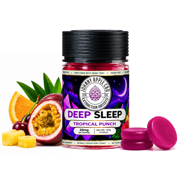 Johnny Apple Deep Sleep Tropical Punch sugar-free THC gummies jar with passion fruit, orange, cherry and pineapple