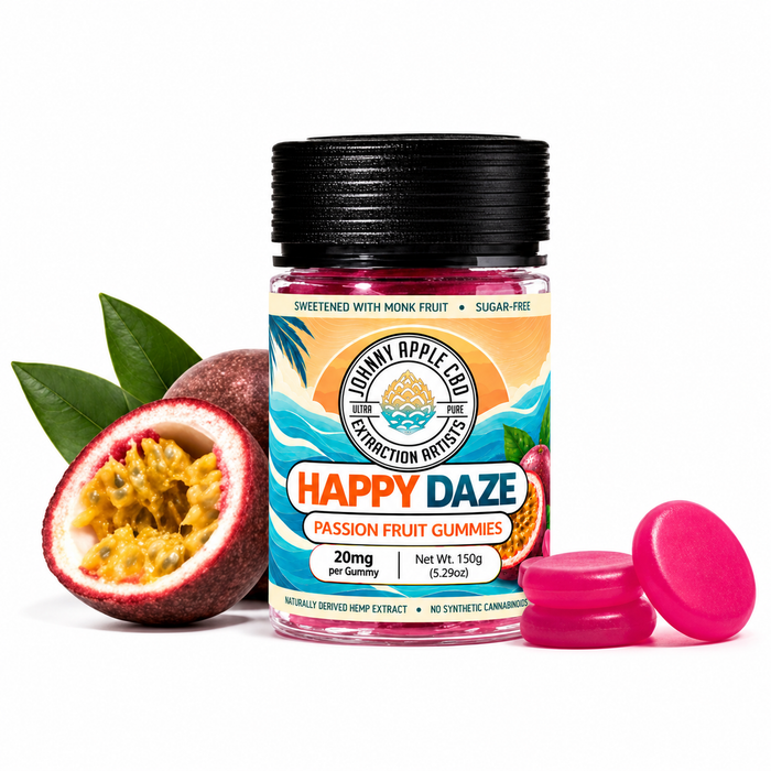 Johnny Apple Happy Daze Passion Fruit gummies jar