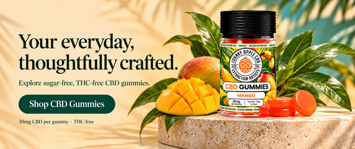 Your everyday, thoughtfully crafted. Explore sugar-free, THC-free CBD gummies. Shop CBD Gummies: 25mg CBD per gummy, THC-free. A jar of Johnny Apple CBD Gummies beside a cut mango and orange gummies.
