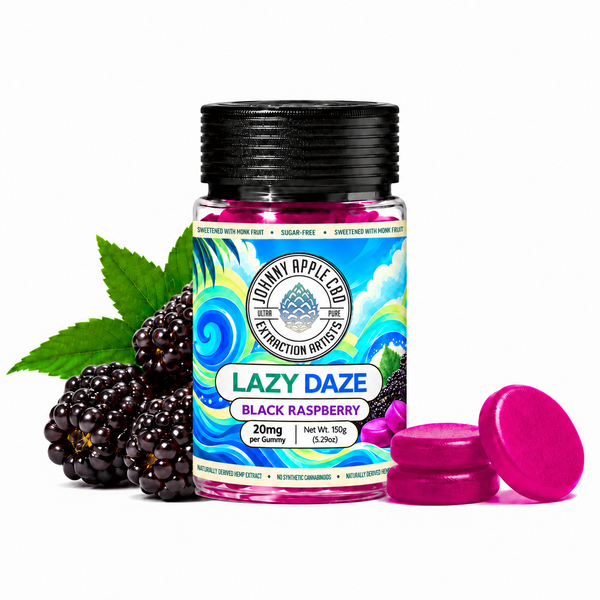 Johnny Apple Lazy Daze Black Raspberry gummies jar