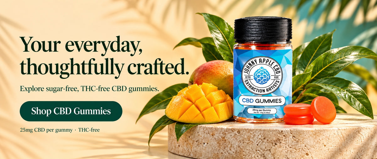 Your everyday, thoughtfully crafted. Explore sugar-free, THC-free CBD gummies. Shop CBD Gummies: 25mg CBD per gummy, THC-free. A jar of Johnny Apple CBD Gummies beside a cut mango and orange gummies.