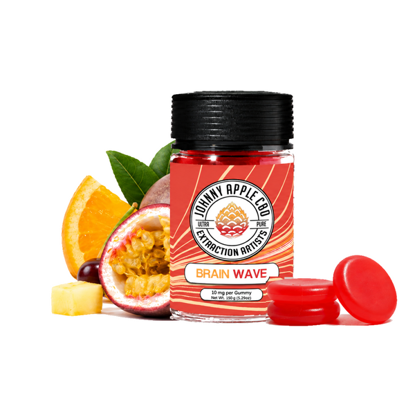 Johnny Apple CBD Brain Wave Focus CBC gummies jar with passion fruit and red gummies