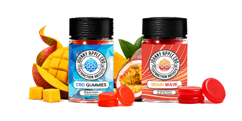 CBD Gummies and Brain Wave Focus Gummies jars side by side with mango, orange and passion fruit