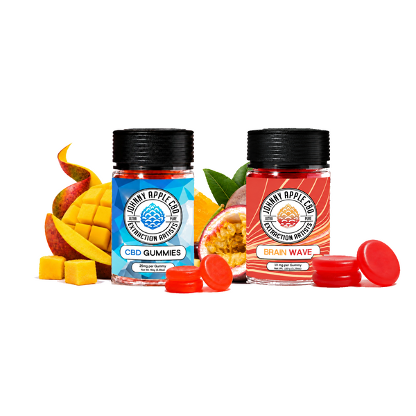 CBD Gummies and Brain Wave Focus Gummies jars side by side with mango, orange and passion fruit