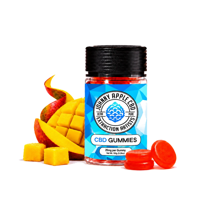 Johnny Apple CBD Gummies jar with mango and orange gummies