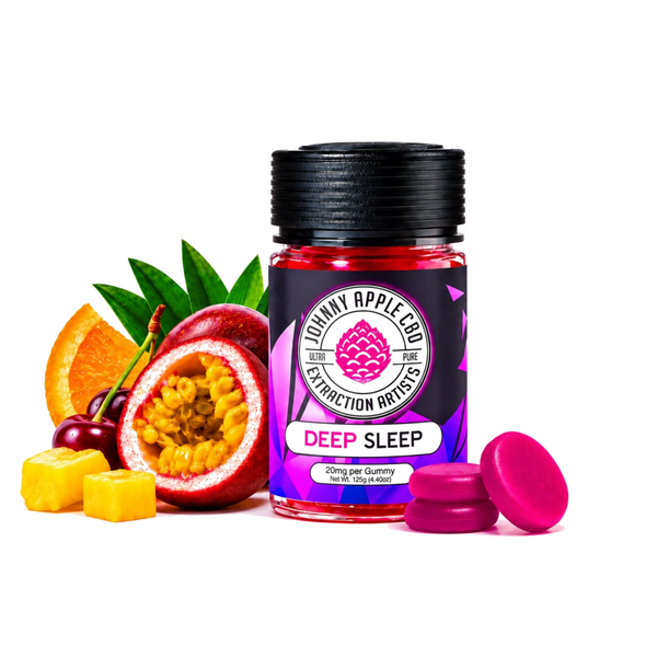 Johnny Apple CBD Deep Sleep THC gummies jar with passion fruit, orange, cherry, pineapple and purple gummies
