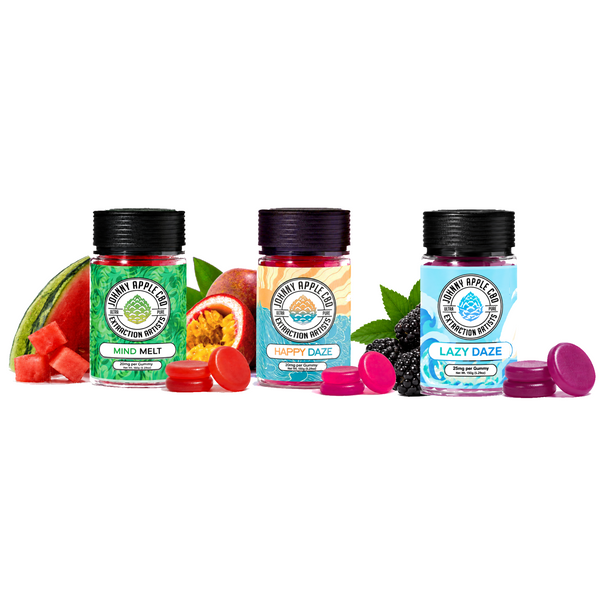 Johnny Apple CBD Gummy Bundle: Mind Melt, Happy Daze and Lazy Daze jars with fruit and gummies