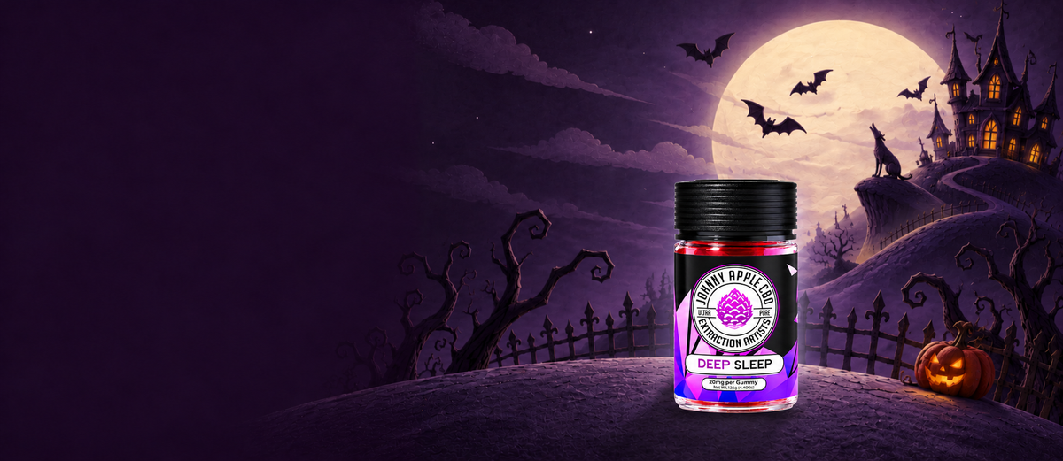 Deep Sleep gummies jar on a moonlit hill with a howling wolf, bats and a jack-o'-lantern