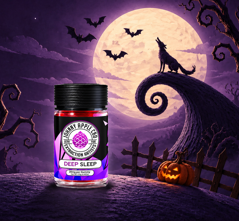 Deep Sleep gummies jar on a moonlit hill with a howling wolf, bats and a jack-o'-lantern