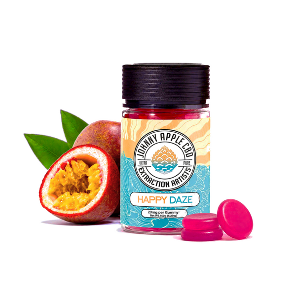 Johnny Apple CBD Happy Daze THC gummies jar with passion fruit and pink gummies