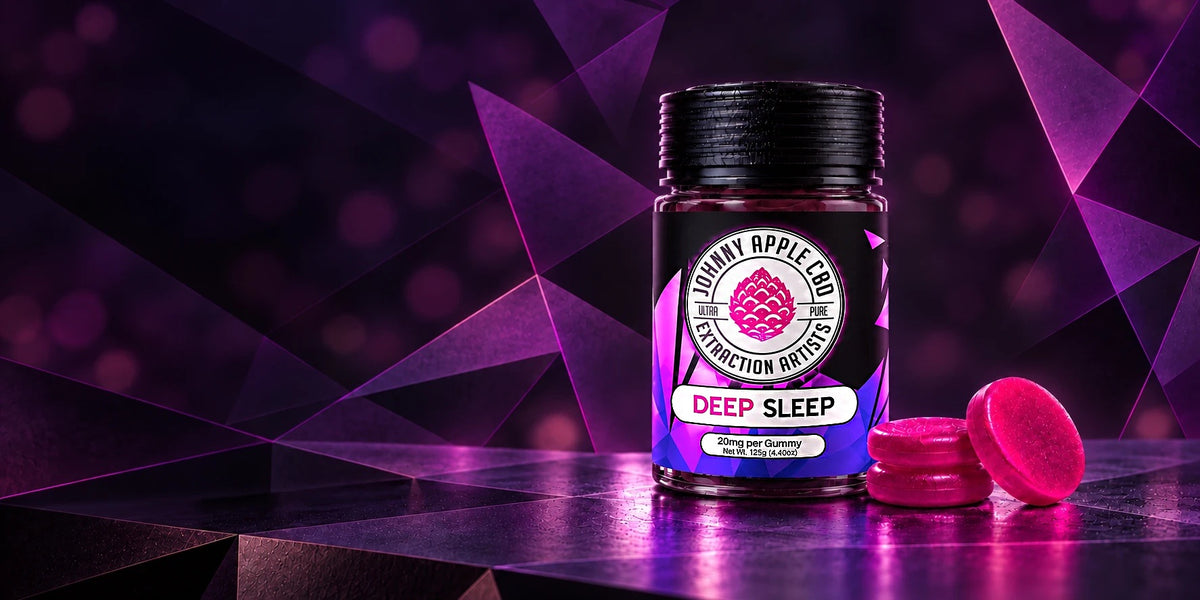 Johnny Apple CBD Deep Sleep gummies jar and gummies on a glossy surface against purple crystal facets