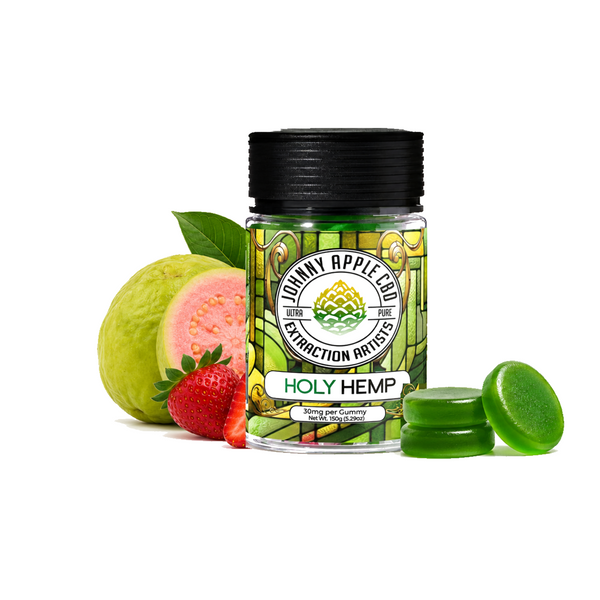 Johnny Apple CBD Holy Hemp gummies jar with guava, strawberries and green gummies