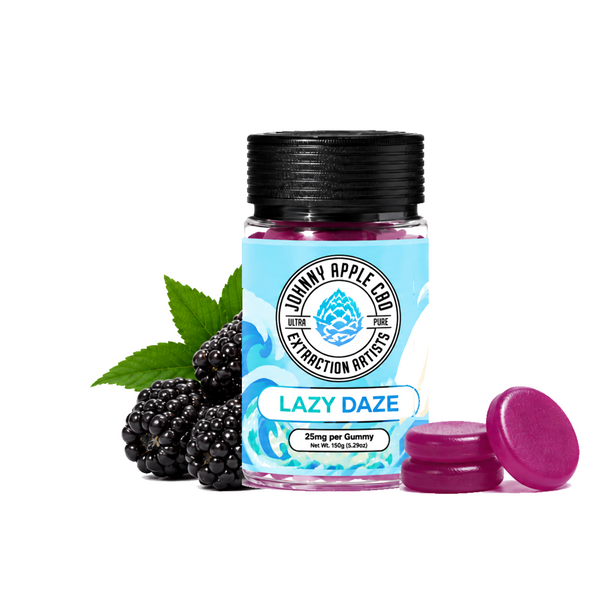 Johnny Apple CBD Lazy Daze THC gummies jar with blackberries and purple gummies