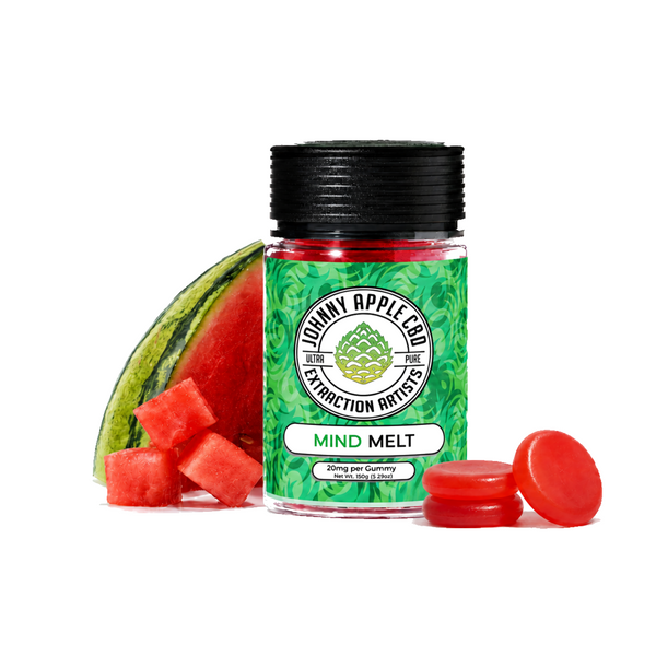 Johnny Apple CBD Mind Melt THC gummies jar with watermelon and red gummies