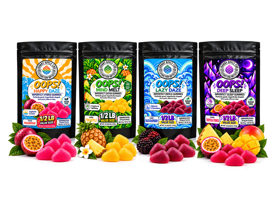 Four Oops! Imperfect gummies pouches: Happy Daze, Mind Melt, Lazy Daze and Deep Sleep, with fruit and gummies in front