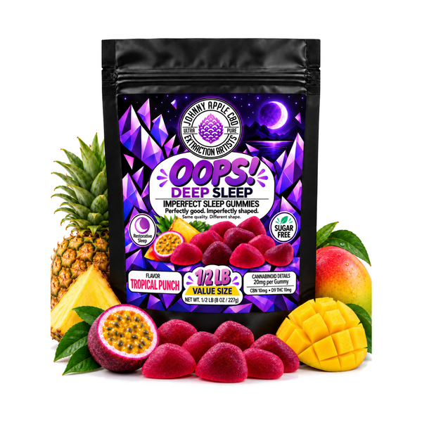 Oops! Deep Sleep imperfect sleep gummies, 1/2 lb pouch with passion fruit, mango and red gummies