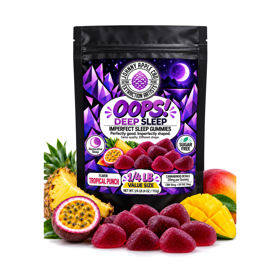 Oops! Deep Sleep imperfect sleep gummies, 1/2 lb pouch with passion fruit, mango and red gummies
