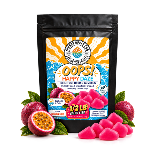 Oops! Happy Daze imperfect hybrid gummies, 1/2 lb pouch with passion fruit and pink gummies