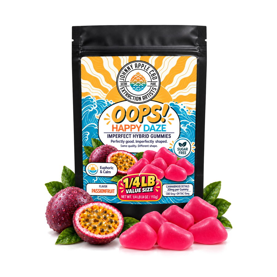 Oops! Happy Daze imperfect hybrid gummies, 1/2 lb pouch with passion fruit and pink gummies