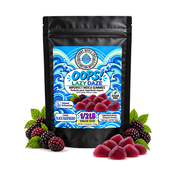 Oops! Lazy Daze imperfect indica gummies, 1/2 lb pouch with blackberries and purple gummies