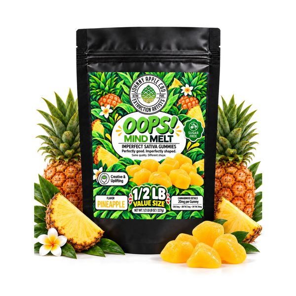 Oops! Mind Melt imperfect sativa gummies, 1/2 lb pouch with pineapple and yellow gummies