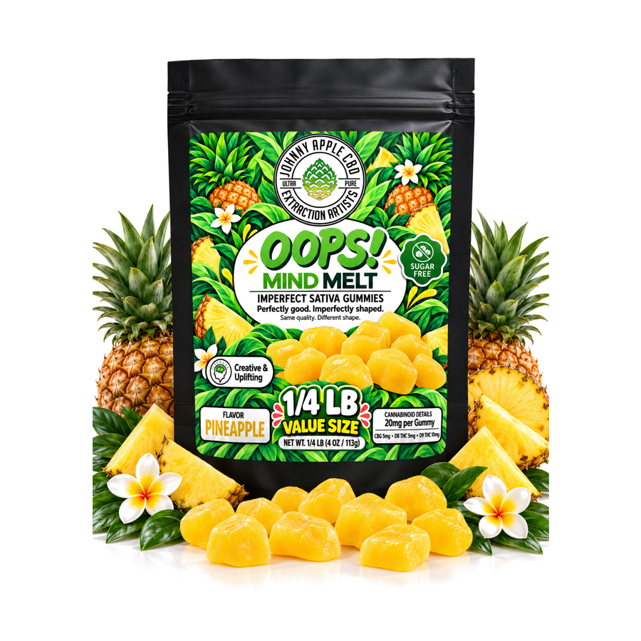 Oops! Mind Melt imperfect sativa gummies, 1/2 lb pouch with pineapple and yellow gummies