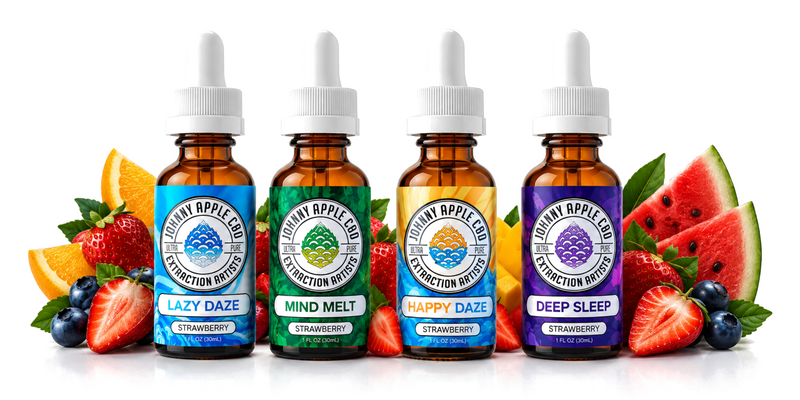 Four Johnny Apple CBD THC tinctures: Lazy Daze, Mind Melt, Happy Daze and Deep Sleep, with strawberries, orange, mango and watermelon