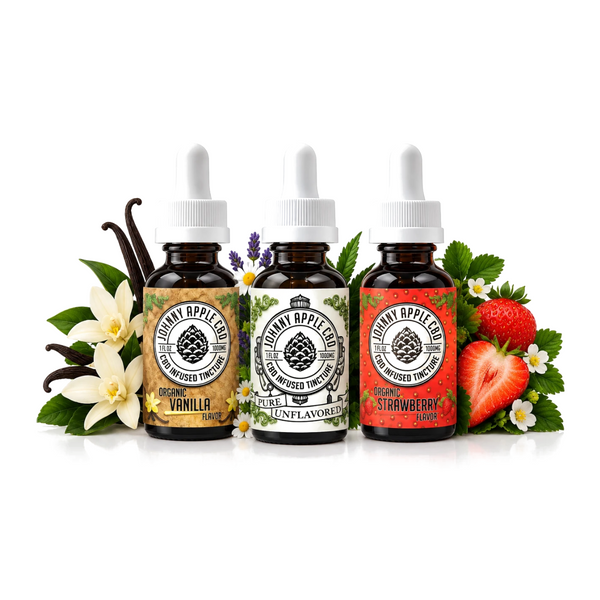 Johnny Apple CBD variety tincture 3-pack: vanilla, unflavored and strawberry bottles with flowers, herbs and strawberries