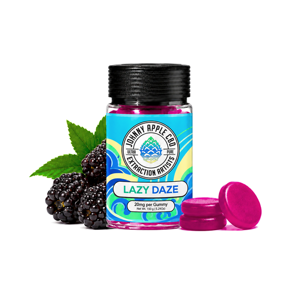 Johnny Apple CBD Lazy Daze THC gummies jar with blackberries and purple gummies